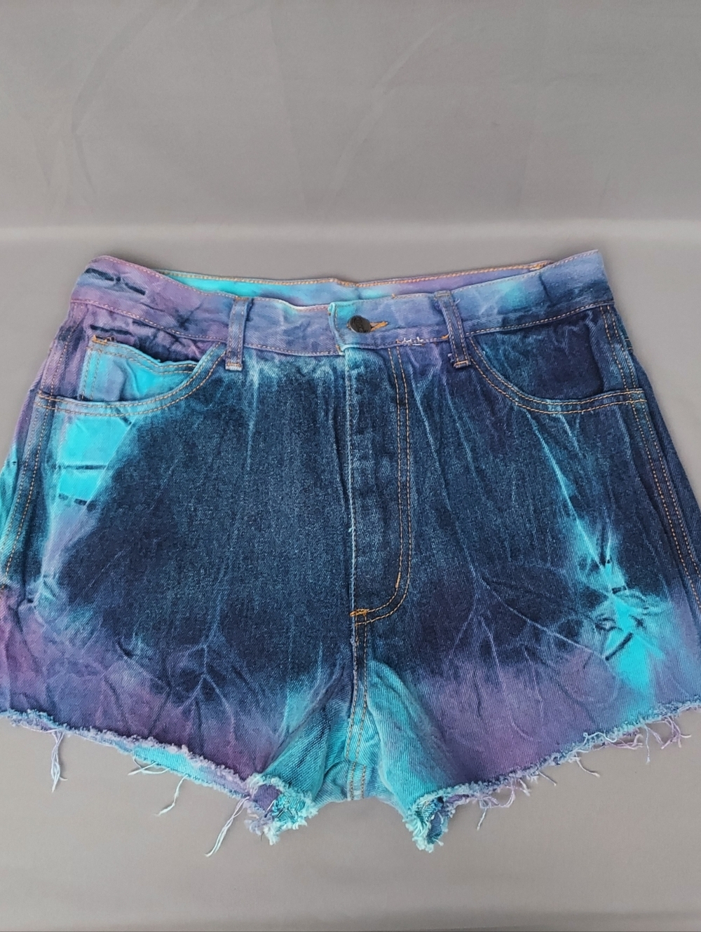 Vintage Danger Denim Shorts Size 13-14 Blue & Purple Tie Dye Jean Cutoffs - Picture 2 of 13